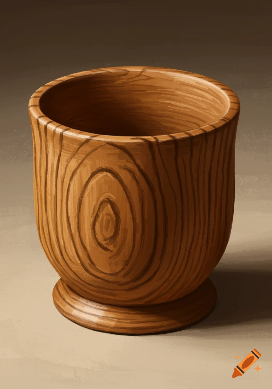 A painterly illustration of a wooden cup with detailed wood grain texture.