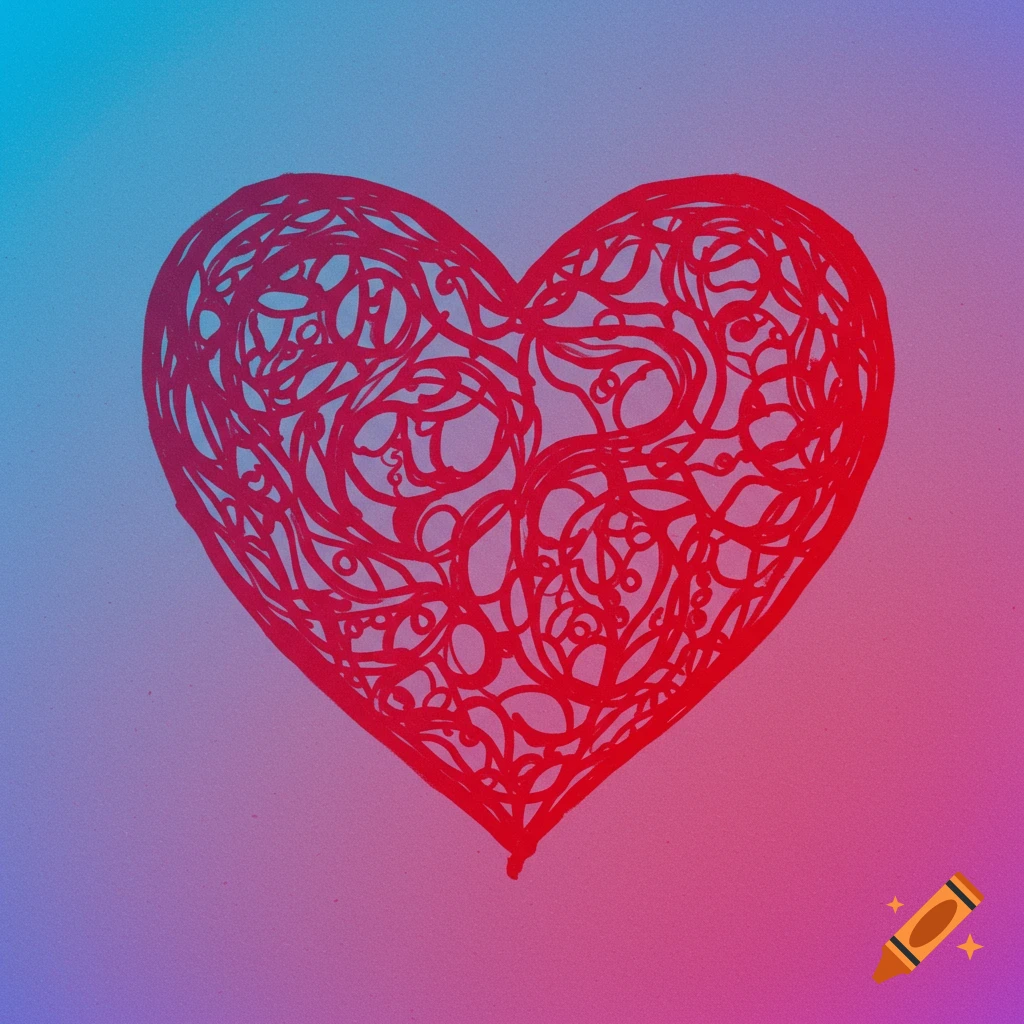 Red heart filled with swirling lines on a blue and pink gradient background.