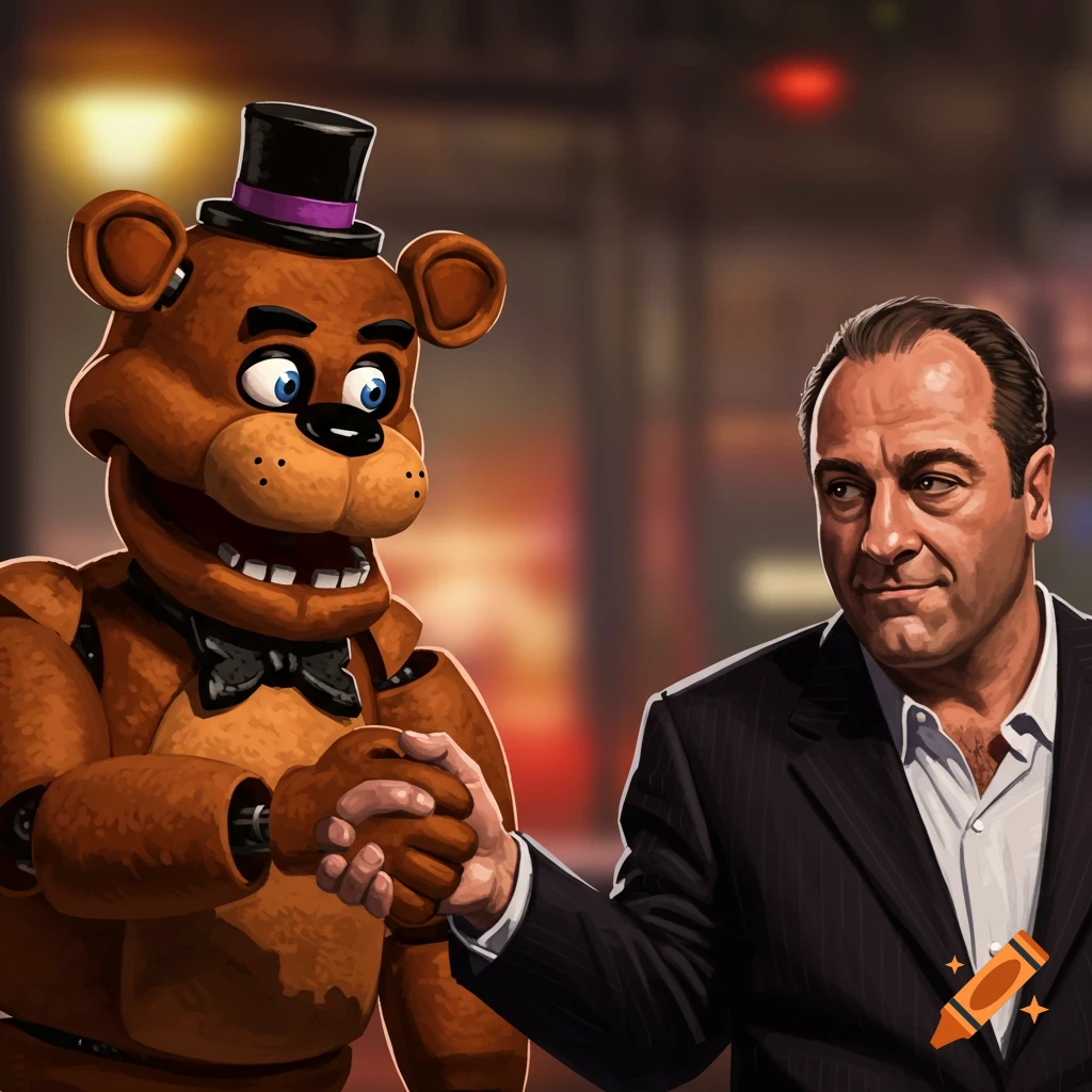 Freddy Fazbear shaking hands with Tony Soprano