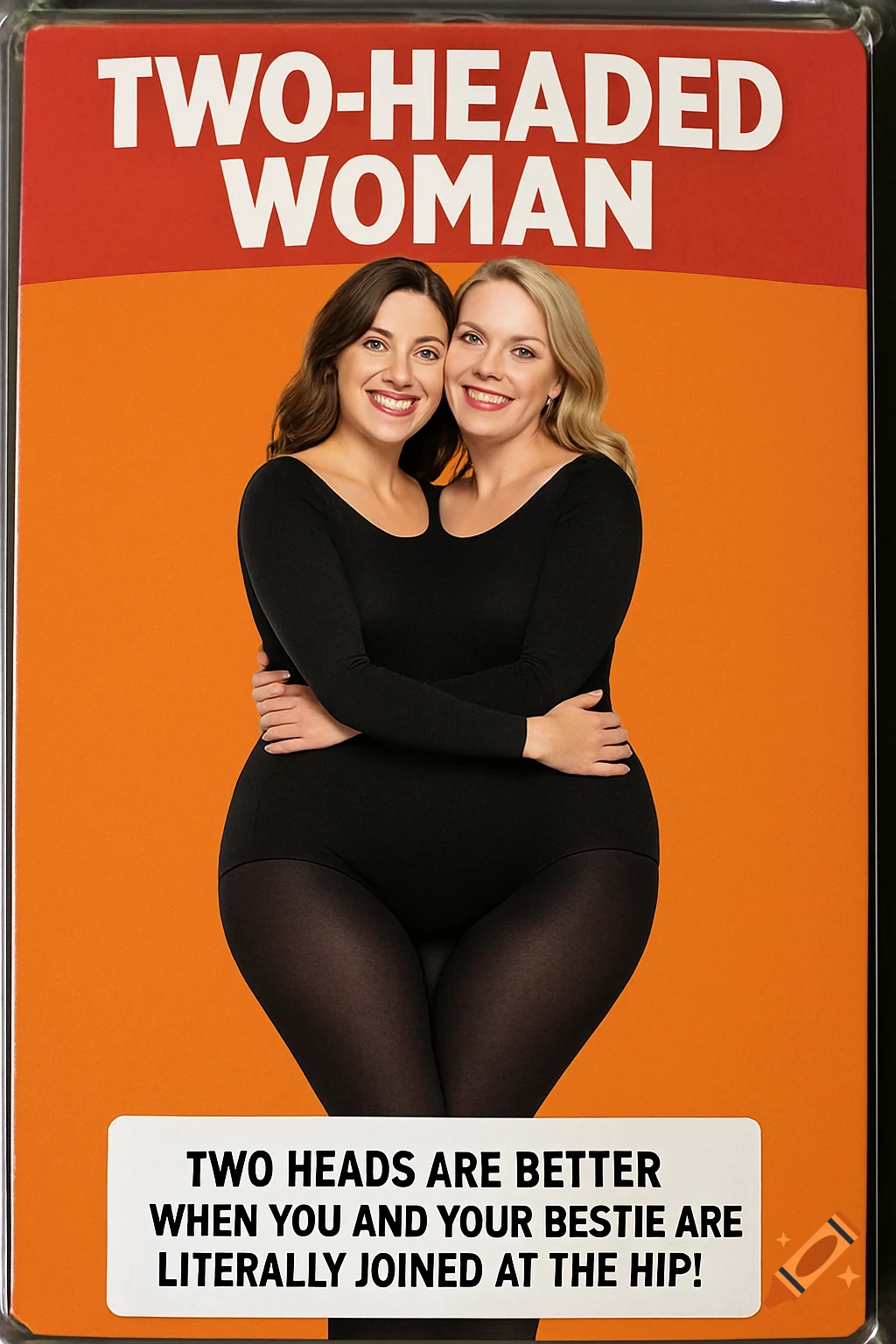 Two women hugging to create a two-headed woman illusion on costume packaging.
