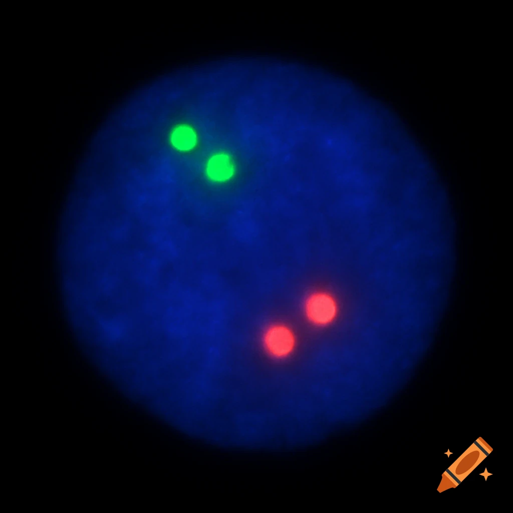 Microscopic view of a cell with glowing green and red spots representing chromosomes.