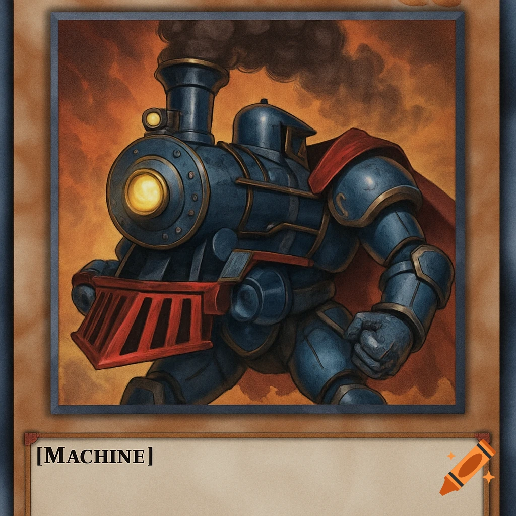 An illustration of a train monster in armor, standing on a trading card.
