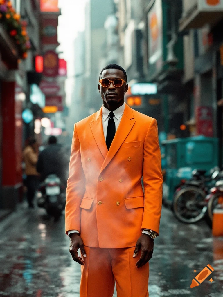 Man in bright orange suit and sunglasses standing on a wet street