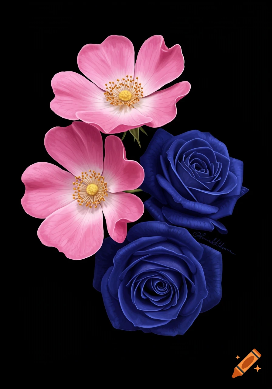 Pink dog roses and dark blue roses on black background.