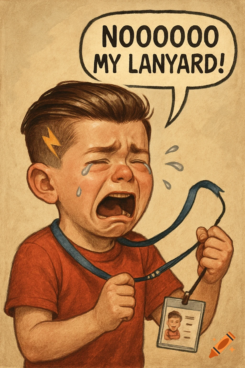 Illustration of a crying boy holding a broken lanyard with an ID card. A  speech bubble above him says 'NOOOOOOO MY LANYARD!' on Craiyon, image size:1024x1536