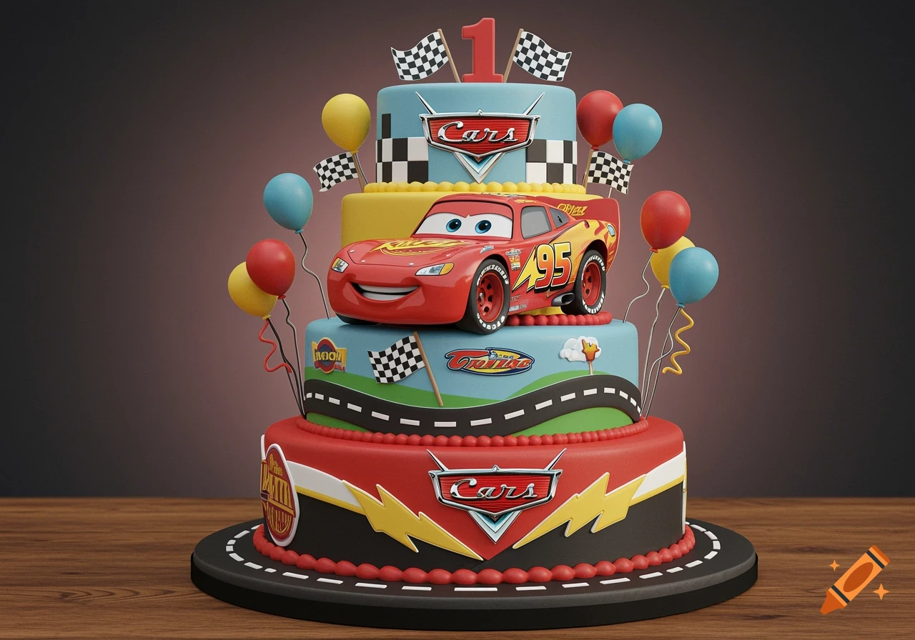 A three-tier birthday cake featuring Lightning McQueen from the Cars movie with racing flags and balloons.