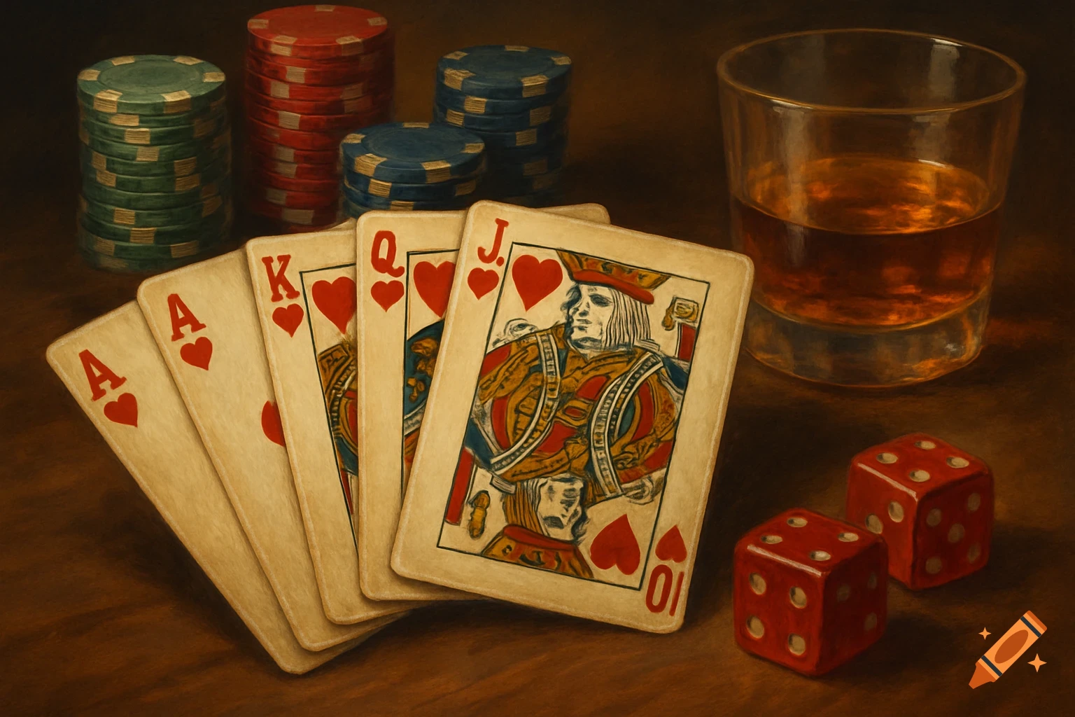 Poker hand of hearts (two Aces, King, Queen, Jack), poker chips, dice, and a glass of whiskey on a table in a painted style.