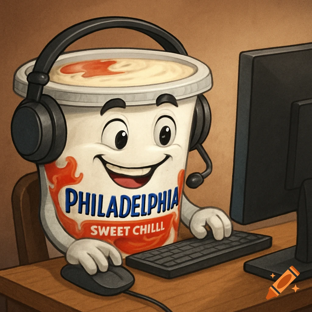 A cartoon tub of cream cheese with headphones and microphone sits at a desk using a computer.
