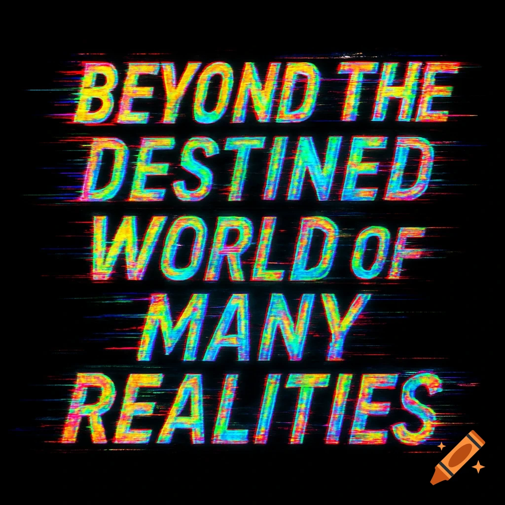 Glitchy rainbow text on a black background that reads "Beyond The Destined World Of Many Realities".
