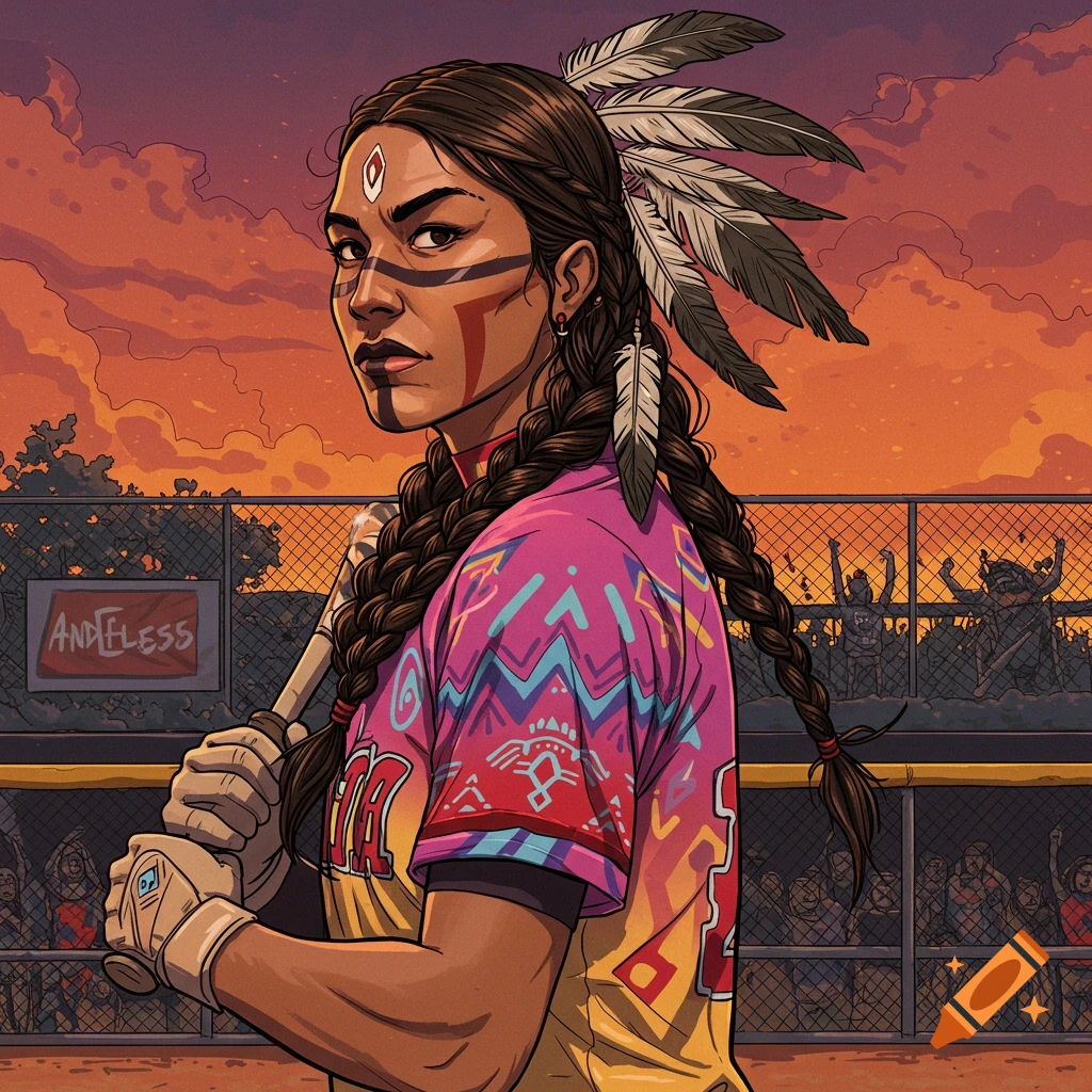 Illustrative portrait of a Native American woman in a softball uniform holding a bat on a field at sunset.