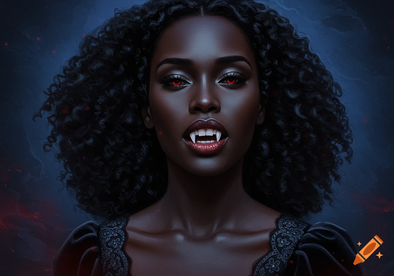 Close-up portrait of a female vampire with dark skin, red eyes, and fangs in a digital art style.