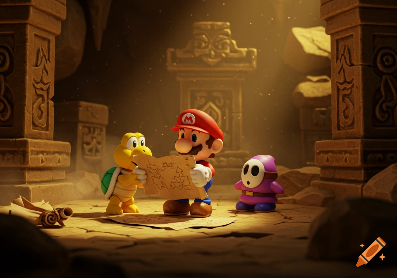 Mario, Koopa, and Shy Guy look at a map in a dusty temple