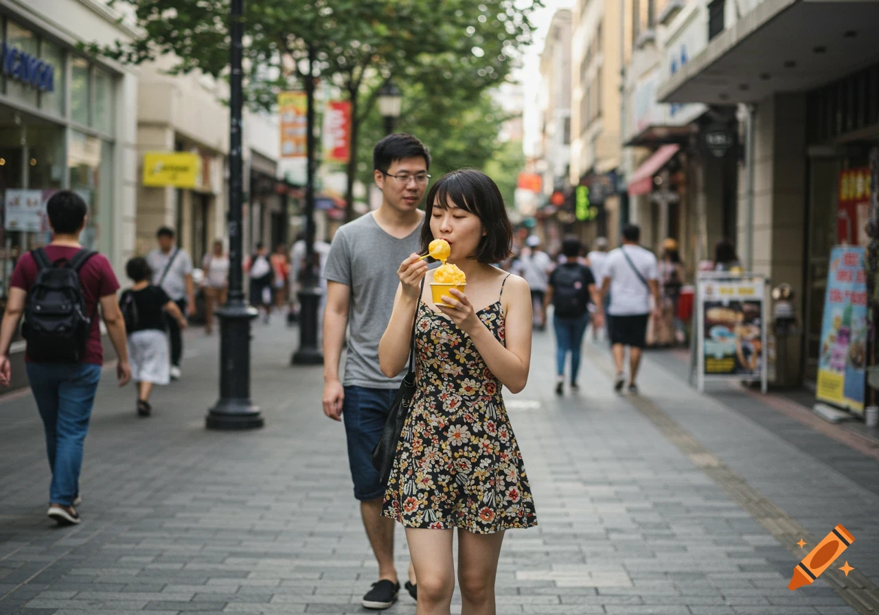 A woman eats ice cream on a busy street with a man behind her.