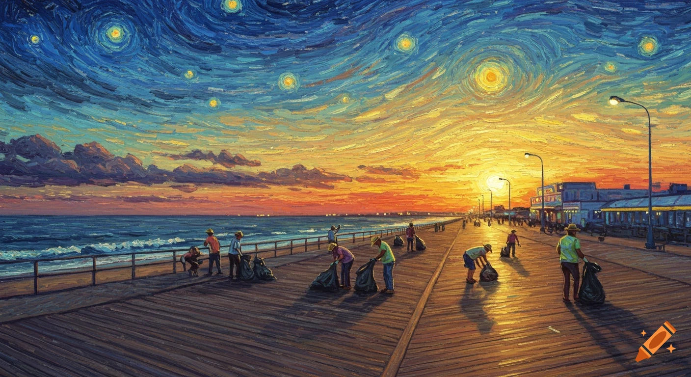People clean a boardwalk at sunset in the style of Van Gogh's Starry Night.