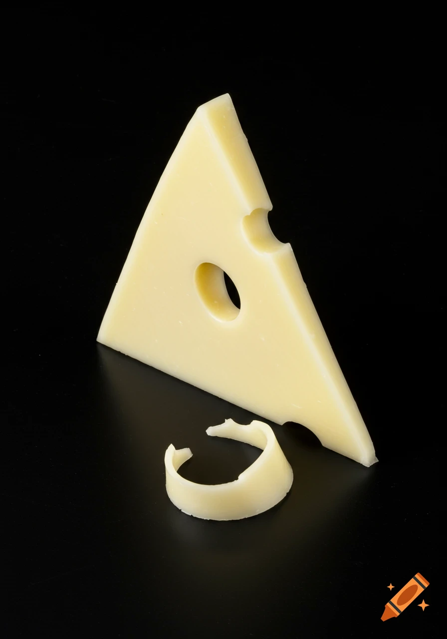 Triangular piece of cheese with holes and a cheese curl on a black background.