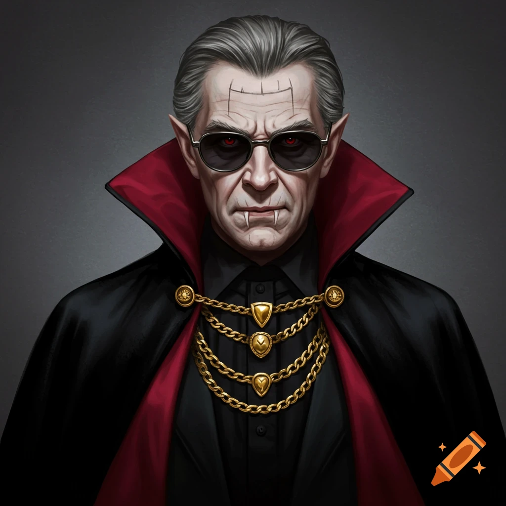 Portrait of a modern vampire man with sunglasses, fangs, black cape, and gold chains.