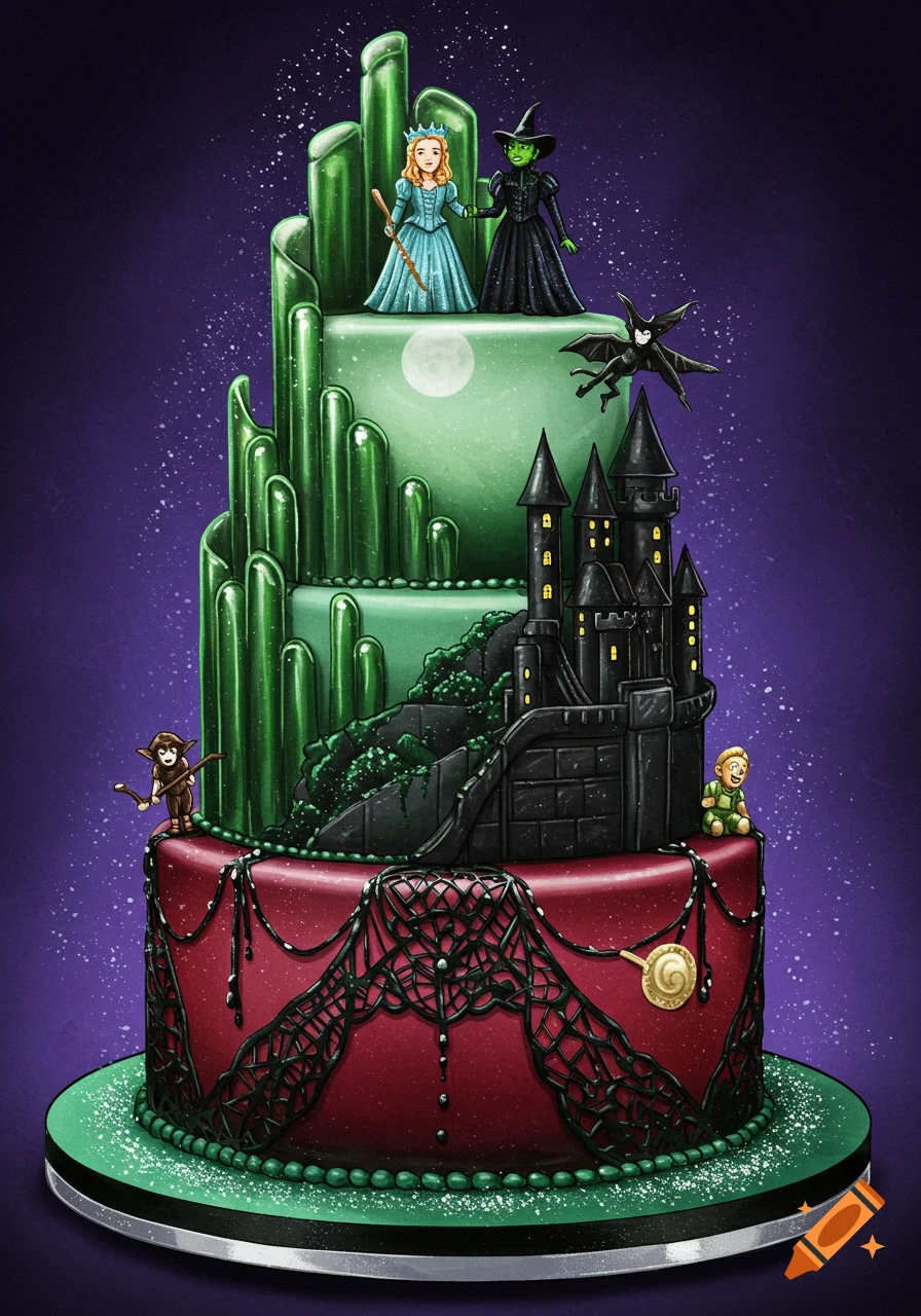 A multi-tiered cake decorated with characters and elements from Wicked like Glinda, Elphaba, the Emerald City, and a dark castle in an illustrated style.