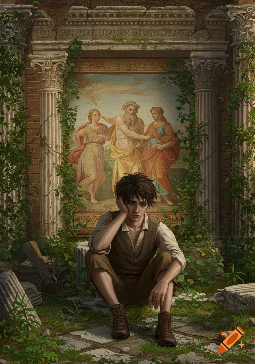 A figure sits among ancient ruins with overgrown plants in front of a mural depicting classical figures, looking sad.