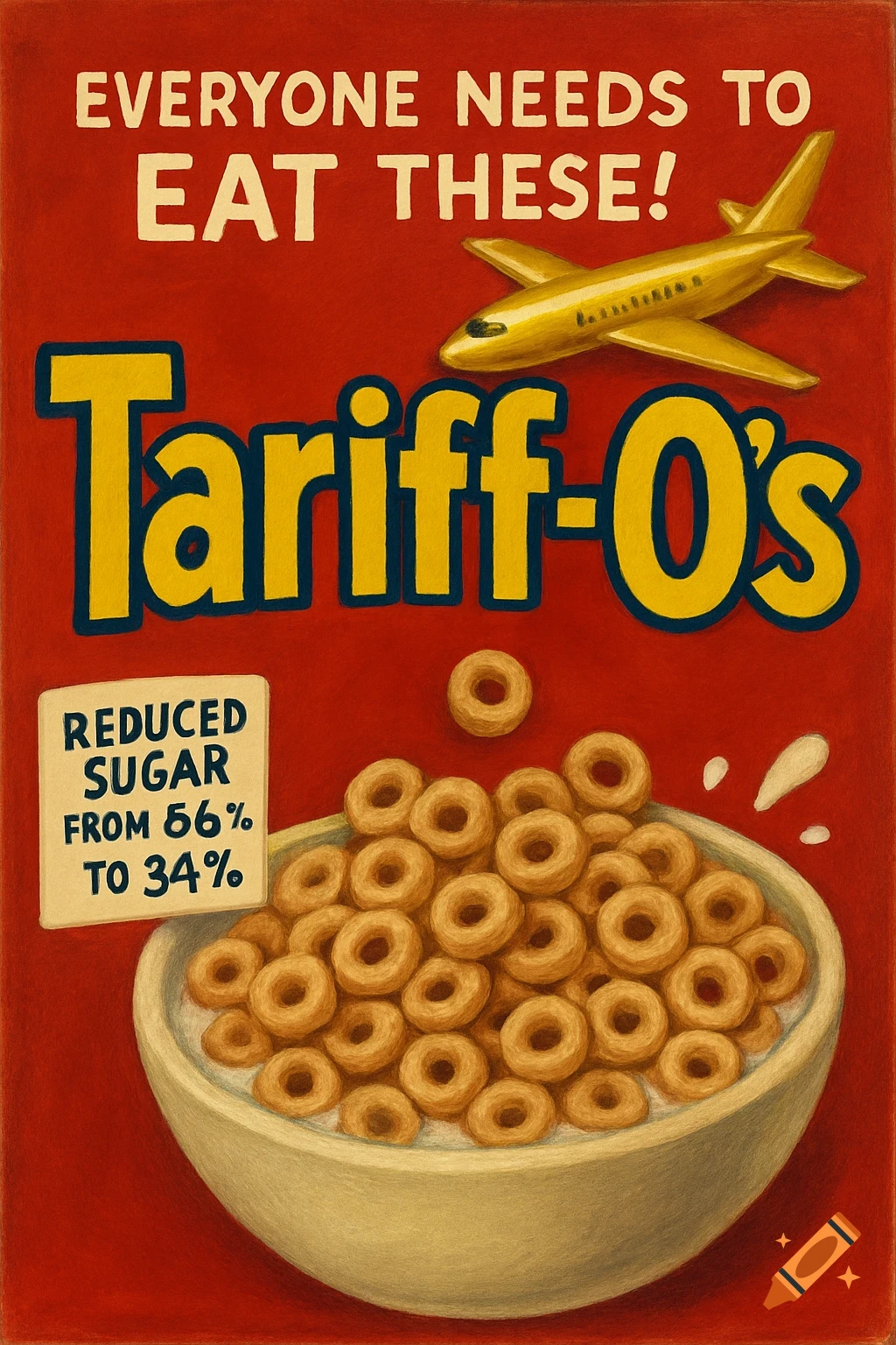 Retro-style illustration of a Tariff-O's cereal box with a golden airplane, slogan 'Everyone needs to EAT THESE!', and a reduced sugar label.