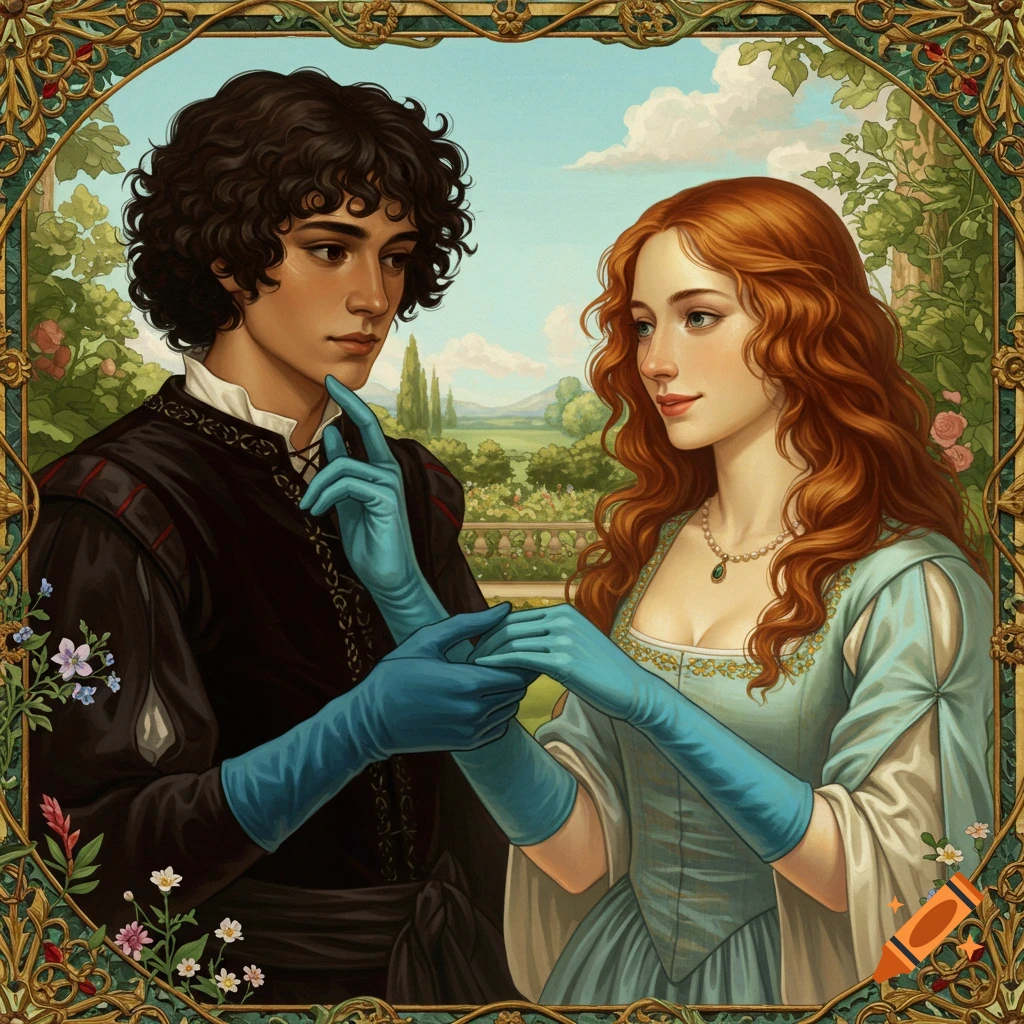 A painting of a man and woman in historical attire and blue gloves ...