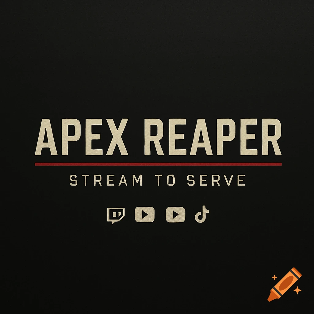 A black banner with white text APEX REAPER and STREAM TO SERVE, with social media icons.