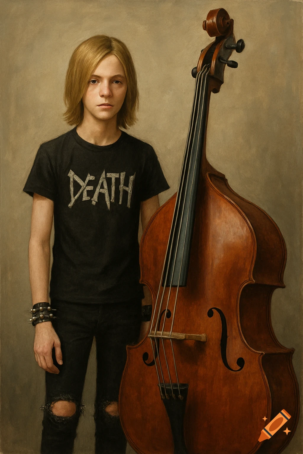 Painted portrait of a teenager in a band t-shirt and ripped jeans next to a large string bass.