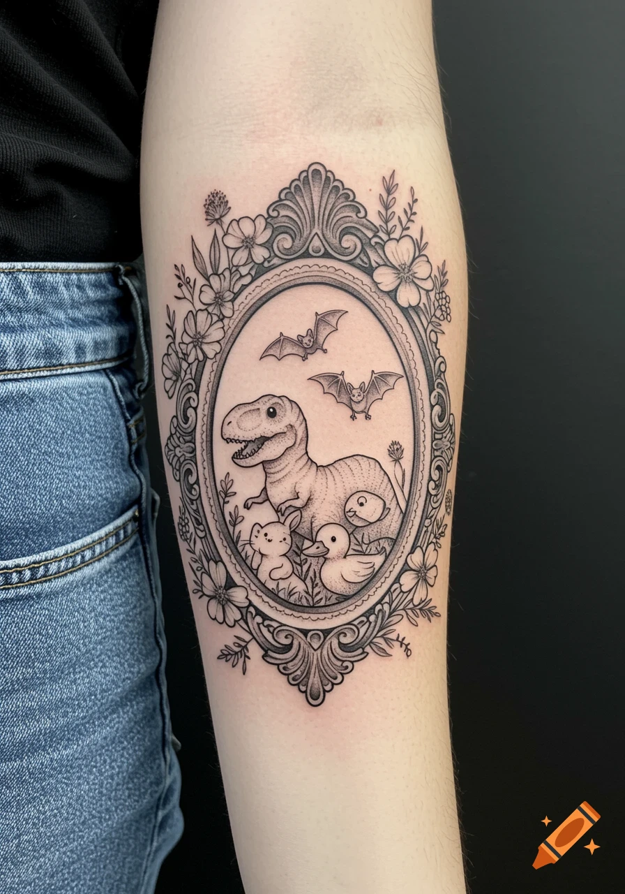 Black and grey forearm tattoo of a cute T-Rex, bunny, duck, and bats in a floral Victorian frame.