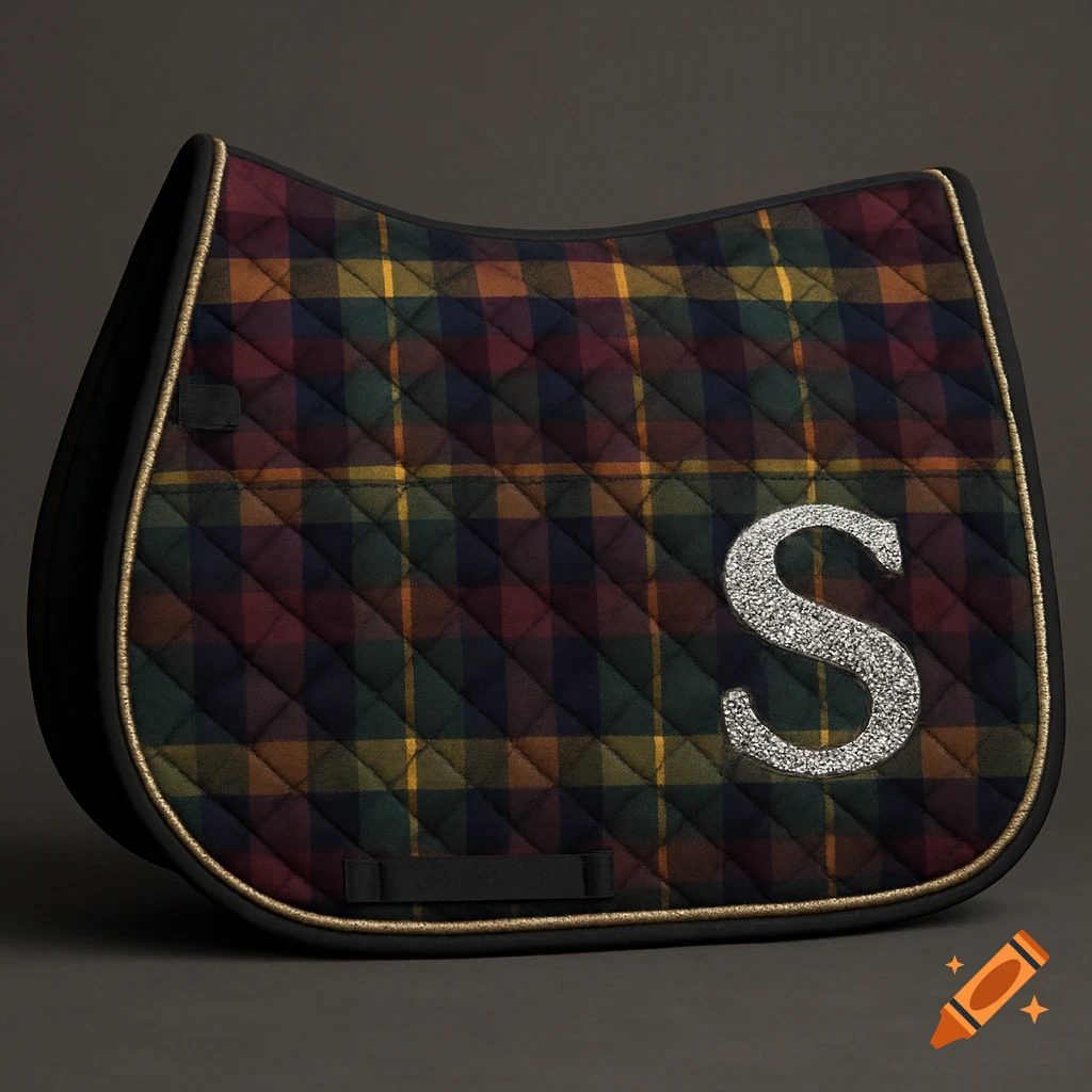 Quilted horse saddle pad with a plaid pattern and a silver sequin S logo.