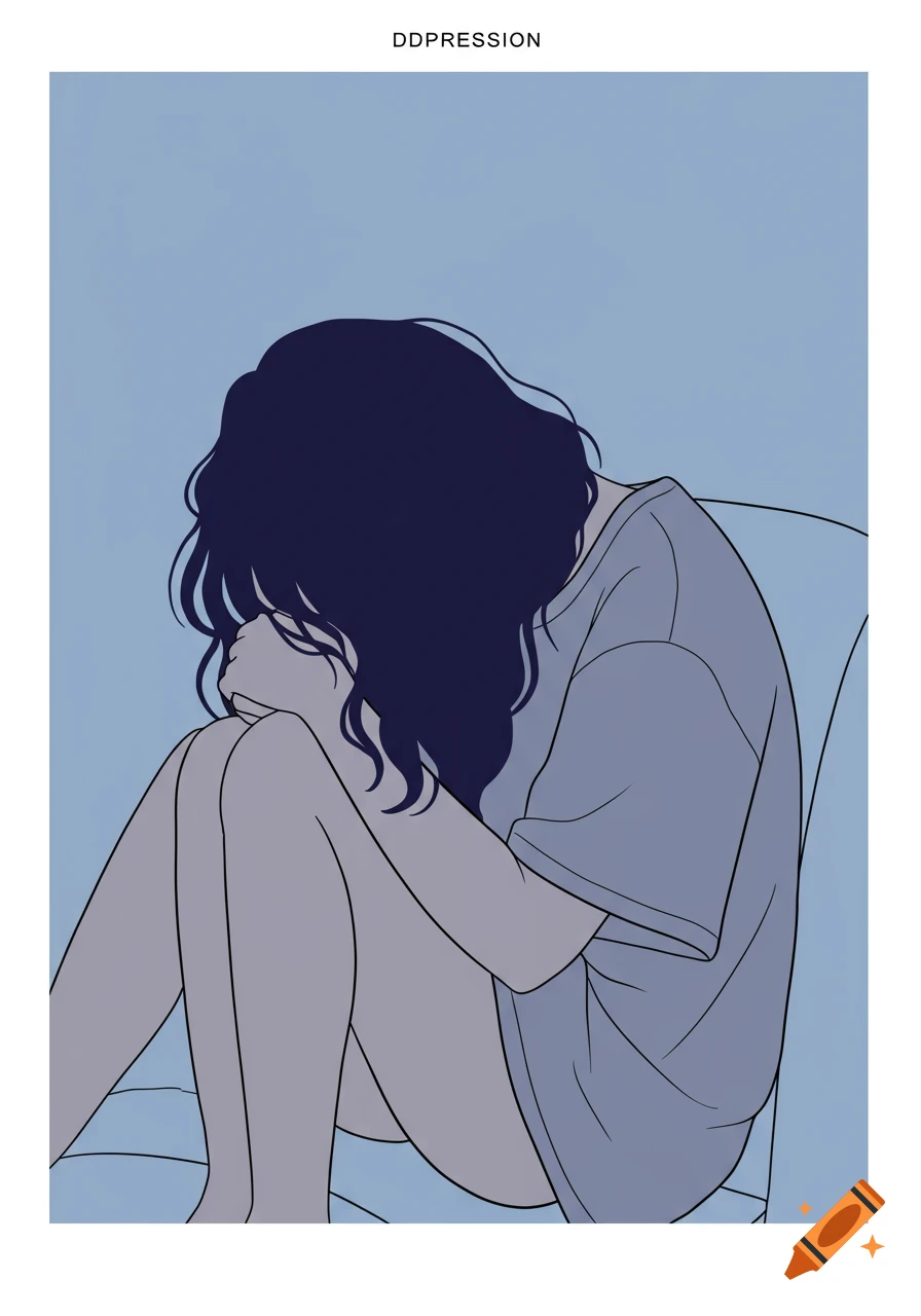 Minimalist illustration of a person huddled over, head down, against a blue background, depicting sadness.