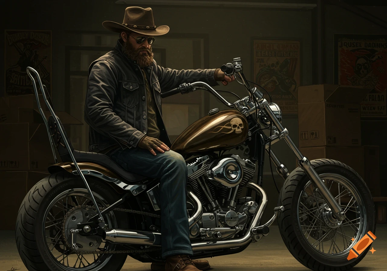 Bearded man wearing a cowboy hat and leather jacket sits on a motorcycle in a garage.