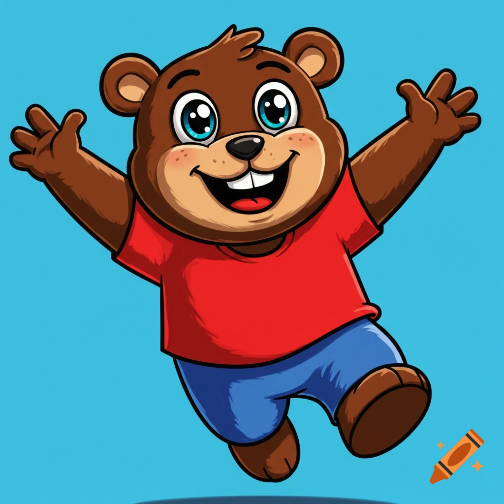 Cartoon bear mascot in a red shirt and blue shorts jumping against a blue background