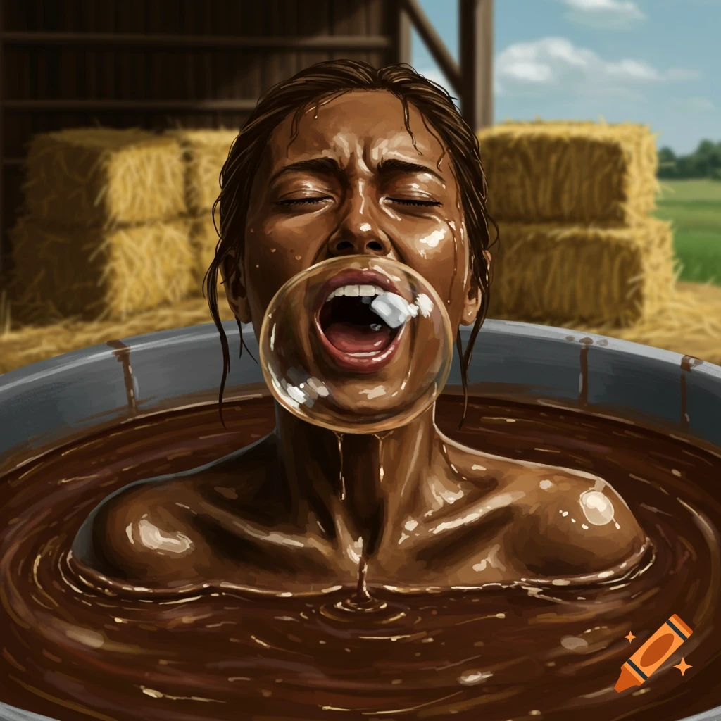 A woman in a vat of dark brown liquid with a bubble over her mouth, eyes closed, in front of a barn. Illustration style.