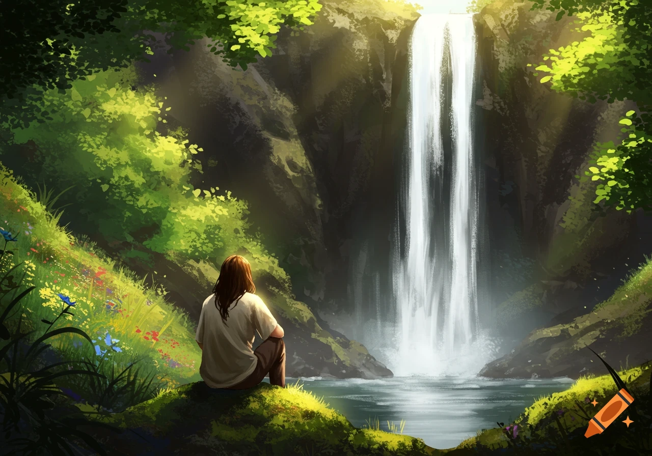A person sits on a rock overlooking a large waterfall in a lush forest, rendered in a digital painting style.