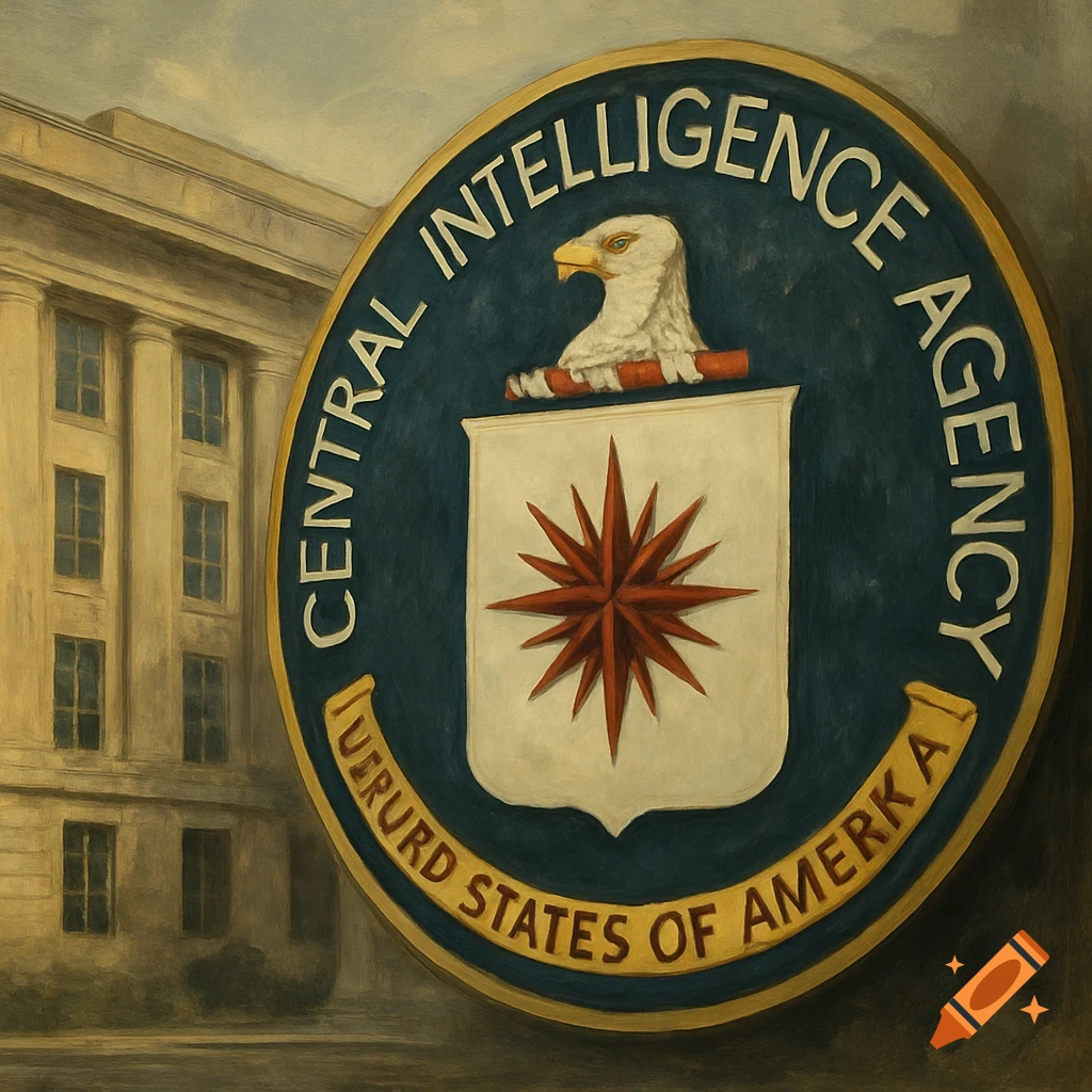 Painting of the Central Intelligence Agency emblem in front of a building