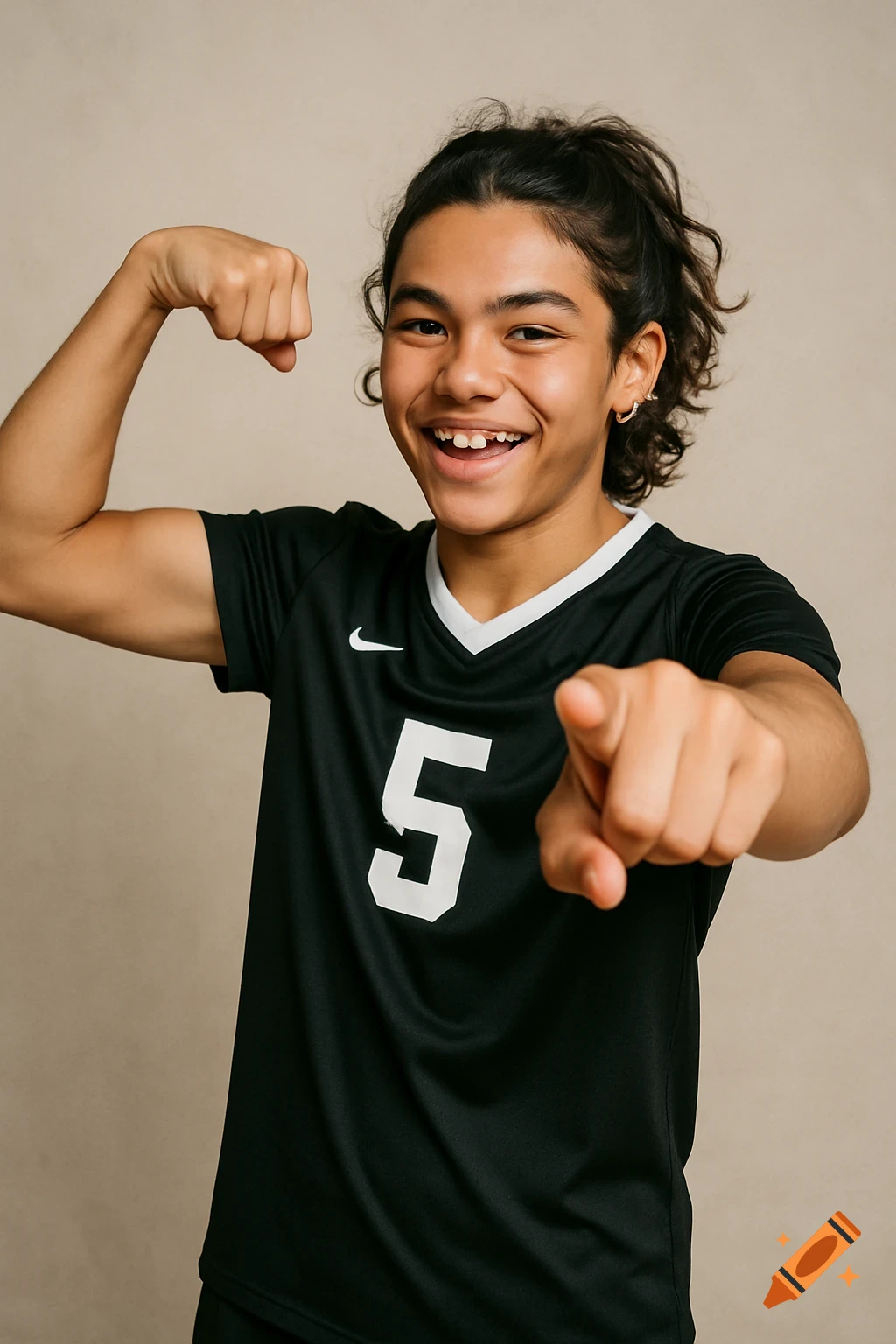 Boy in volleyball jersey #5 flexing and pointing at camera, missing front tooth, portrait