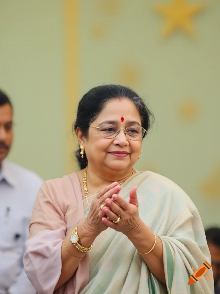 Woman in traditional attire with glasses clapping