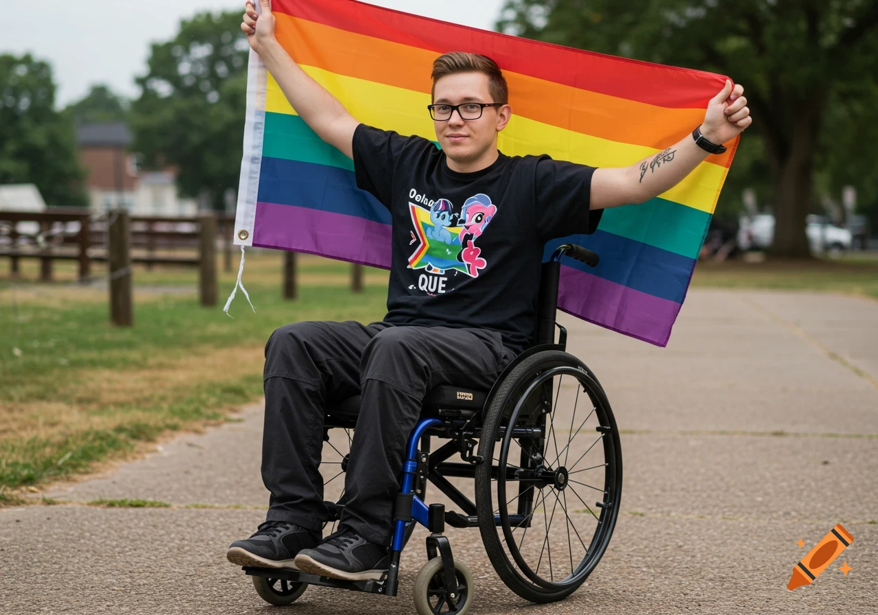 Young man in a wheelchair holds up a rainbow pride flag.