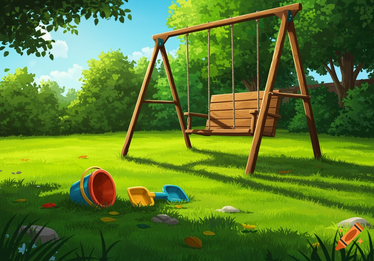 A sunny illustration of a swingset in a backyard with sand toys on the grass.