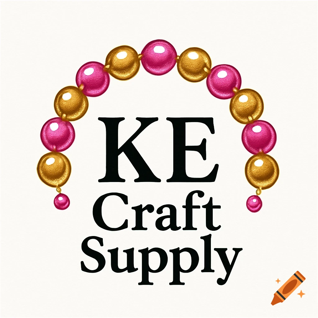 Logo with an arch of pink and gold beads over the text KE Craft Supply.