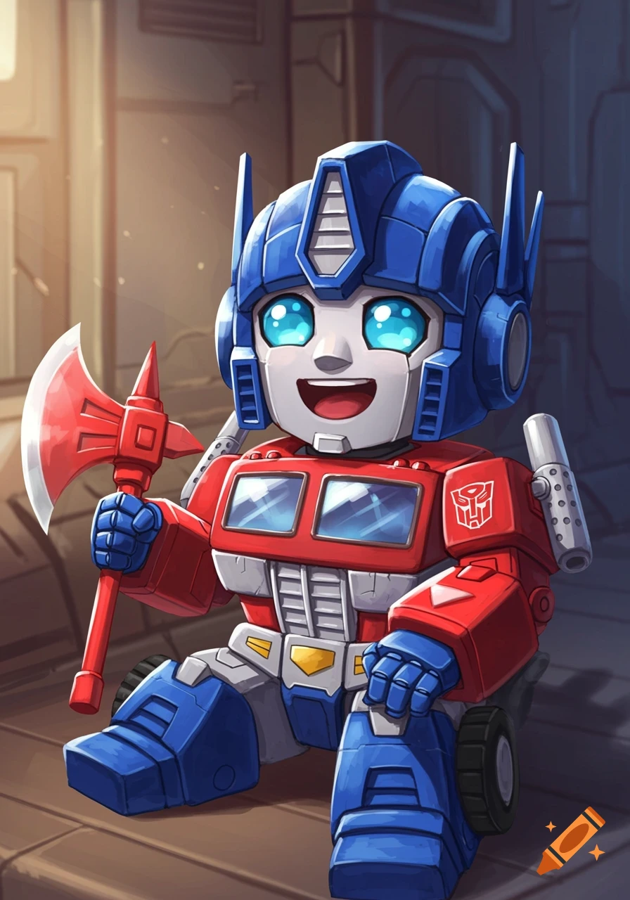 Cartoon baby Optimus Prime holding a red axe