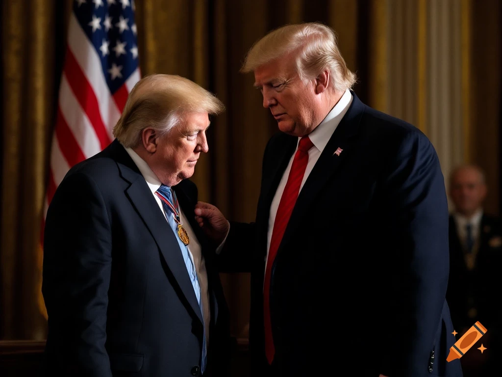Donald Trump presenting a medal to a man in a suit during a ceremony