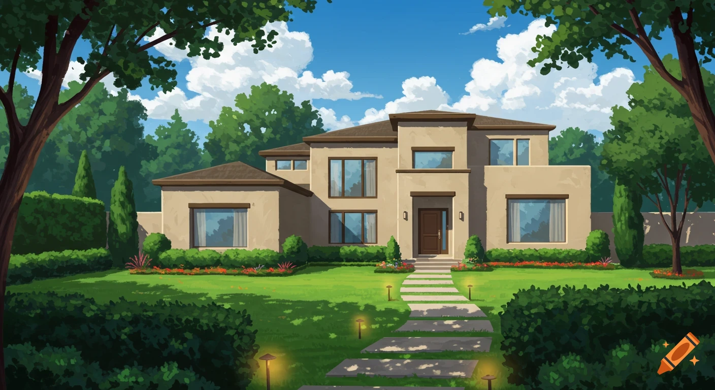 Anime style illustration of a contemporary two-story stucco house with a garden and trees.