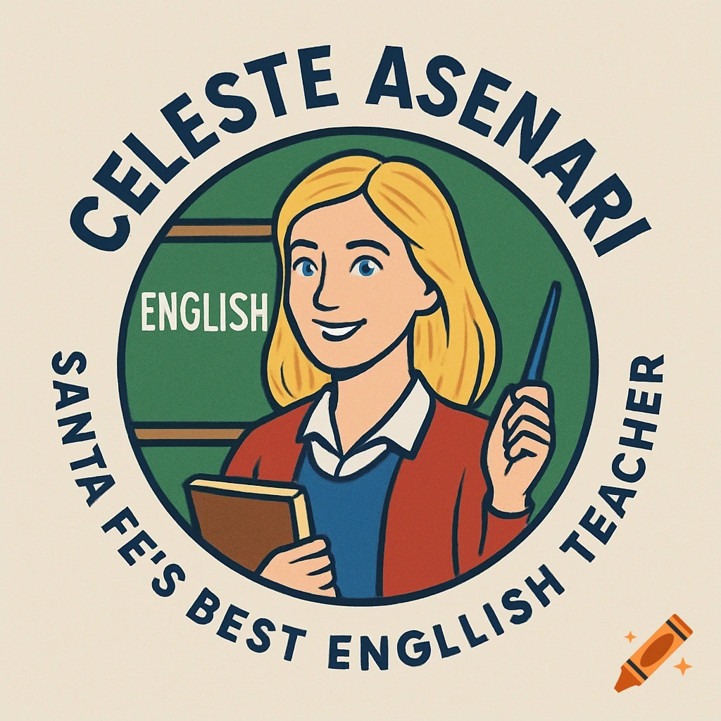 Logo of a cartoon teacher holding a book and pointer, with circular text 'Celeste Asenari English Santa Fe's Best English Teacher'.