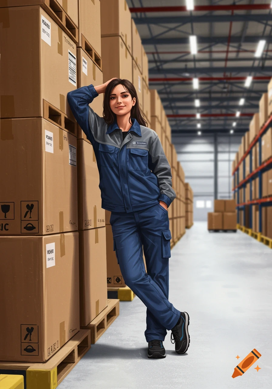 A woman in a blue and grey uniform leans against stacked boxes in a warehouse.