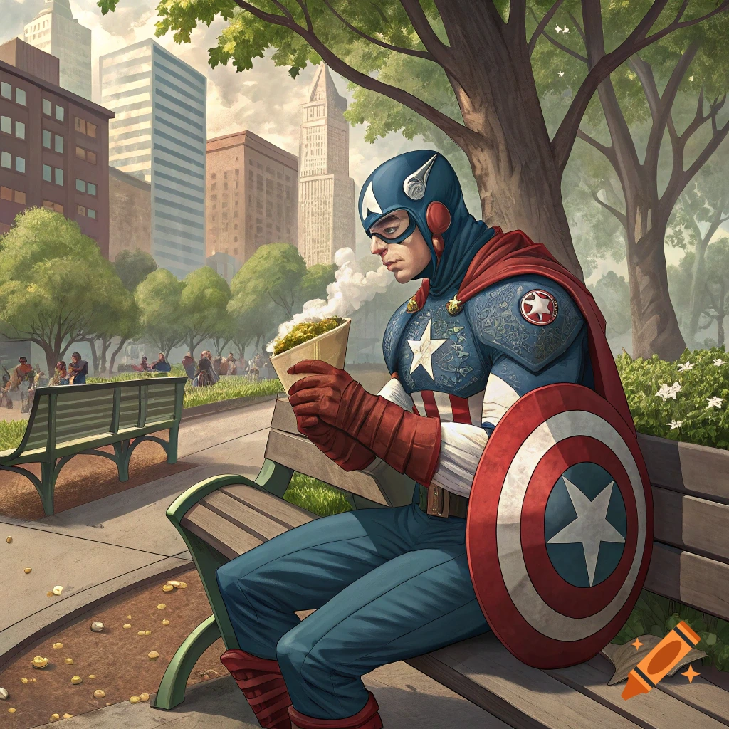 Captain America sits on a park bench eating a burrito in a detailed illustration.