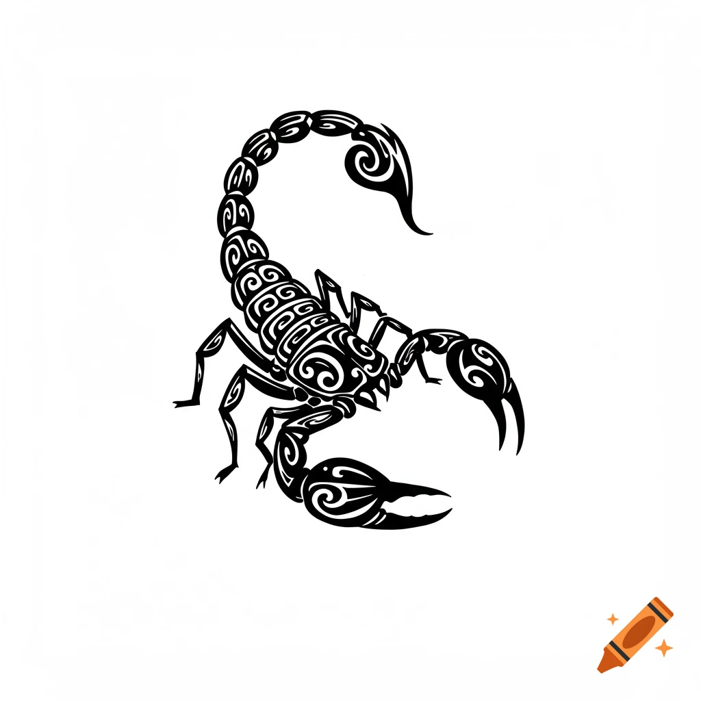 Black and white scorpion illustration in Polynesian tattoo art style