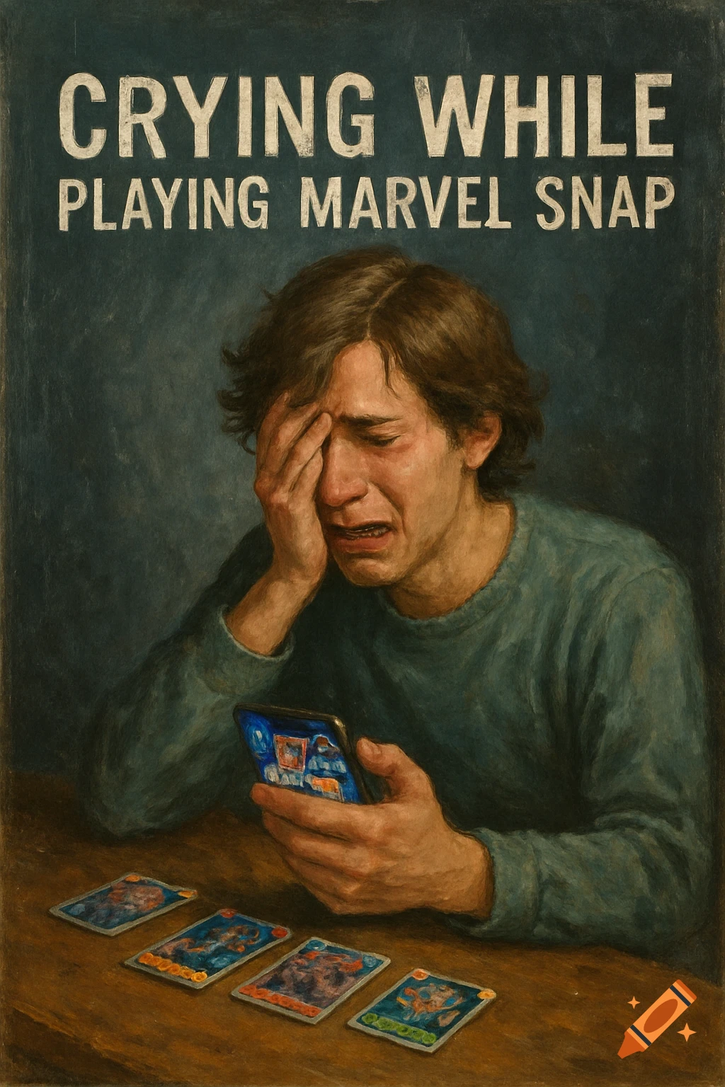 A painted image of a man crying while holding a phone with a game screen, with playing cards on a table.