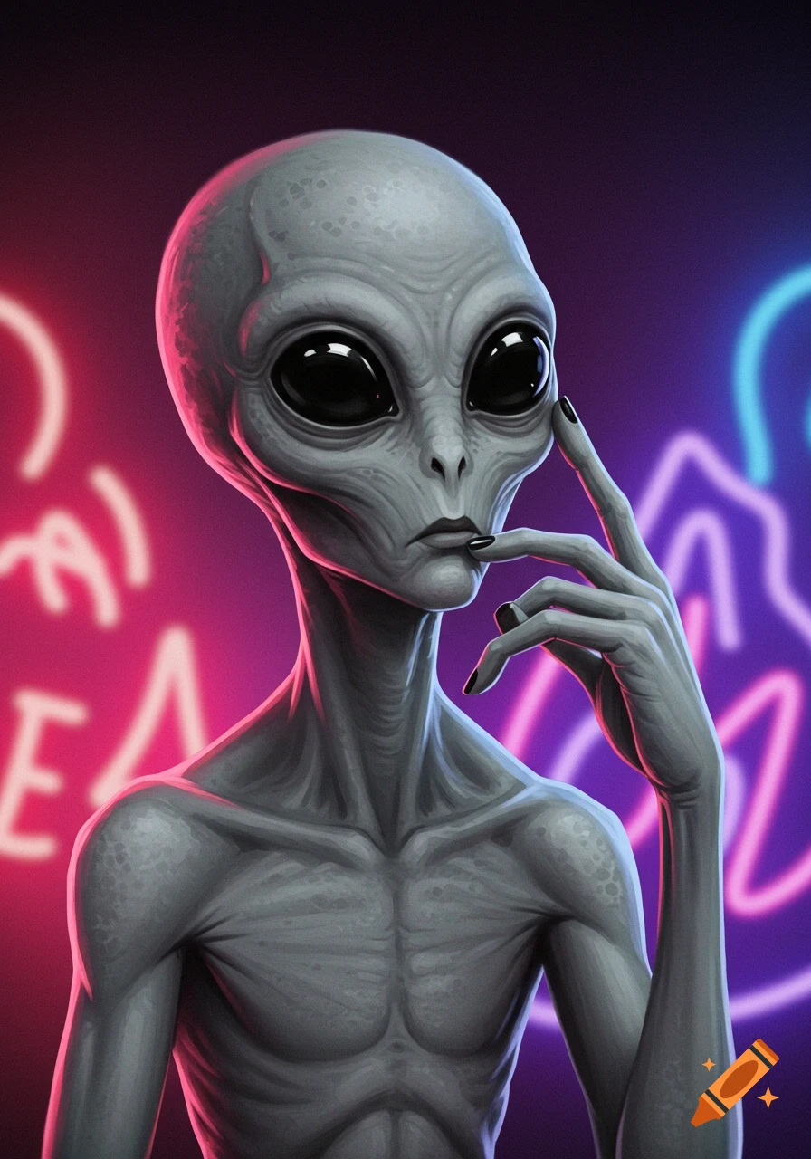 Illustration of a grey alien with large black eyes and black nails, touching its face against a blurred neon background.