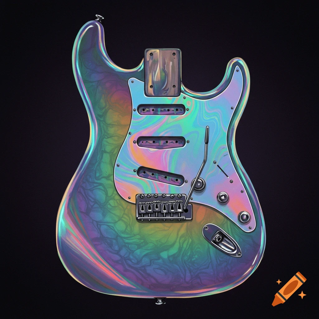 An electric guitar body with shimmering iridescent rainbow colors.