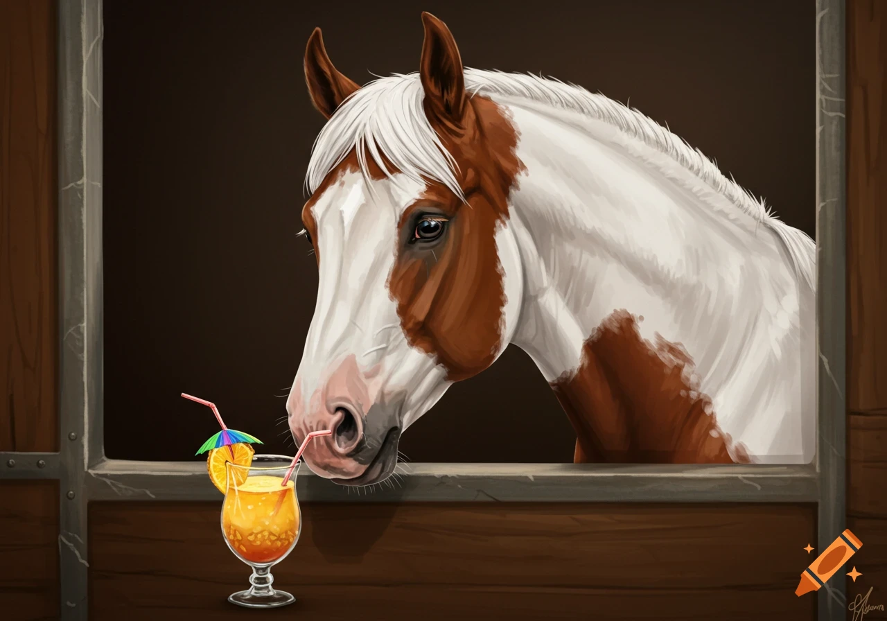 A brown and white paint horse looks over a barn stall door at a cocktail.